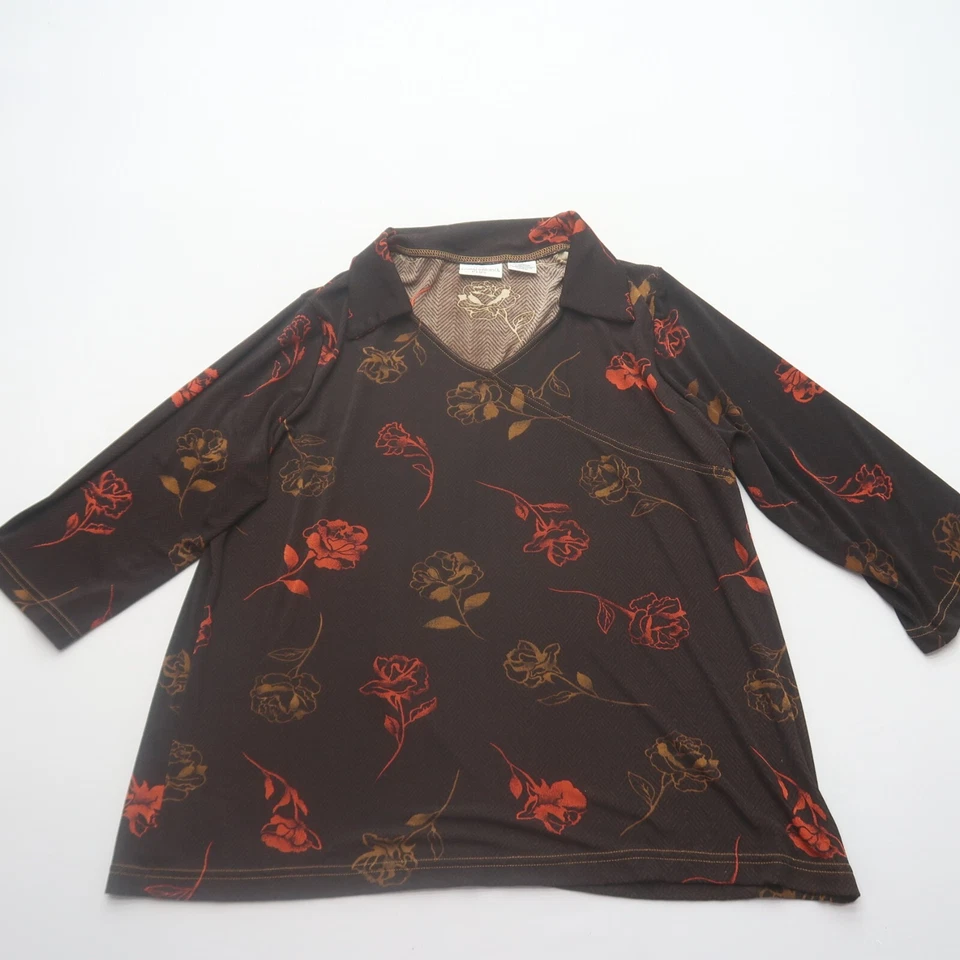 Kathy Ireland Blouse 1X Floral Print Stretch Knit Non Wrinkle V Neck Brown Top - Image 1 of 4