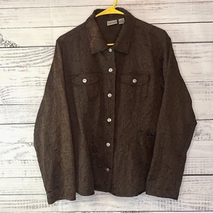 Chicos Blazer Jacket Womens 2 Brown Floral Textured Button up Long Sleeve Pocket - Picture 1 of 13
