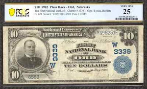 1902 $10 FIRST NATIONAL BANKNOTE CURRENCY ORD NEBRASKA PCGS 25 VERY FINE (251E) - Picture 1 of 2