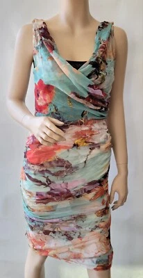 NEW Fuzzi Jean Paul GaultierRuched Romantic Floral-Print Teal Dress SZ XL - Image 1 of 4