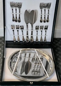 VINTAGE NVONA Italian Stainless Steel 15 Piece Set Desert Forks +Servers +Plate - Picture 1 of 4