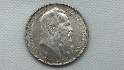 Estados Alemanes Baviera 1911-D Plata 3 Marcas 90 Cumpleaños del Príncipe Luitpold Foto 1 de 2