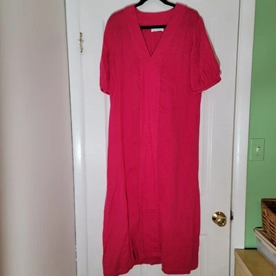 Lake  Womens Cotton Gauze Caftan Midi Dress Heatwave Pink Elbow Sleeve Sz M EUC - Image 1 of 4