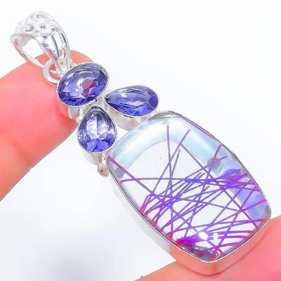 Pendente In Argento Sterling 925 Con Quarzo Rutile Viola E Tanzanite 2,5" - Immagine 1 di 4