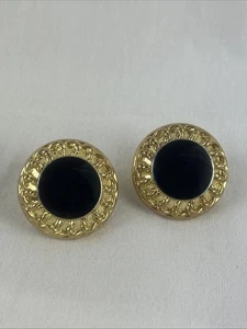 Vintage Retro runde Ohrringe schwarze Punkte strukturiert goldfarbene Kanten 1" Clip On - Bild 1 von 3