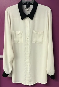 Torrid 1 Women's Button up Blouse White Sheer Long Sleeve Black Collar / Cuffs - Picture 1 of 9