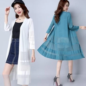 Women Midi Cardigan Open Front 3/4 Sleeve Coat Sun Protection Outerwear Thin - Picture 1 of 18