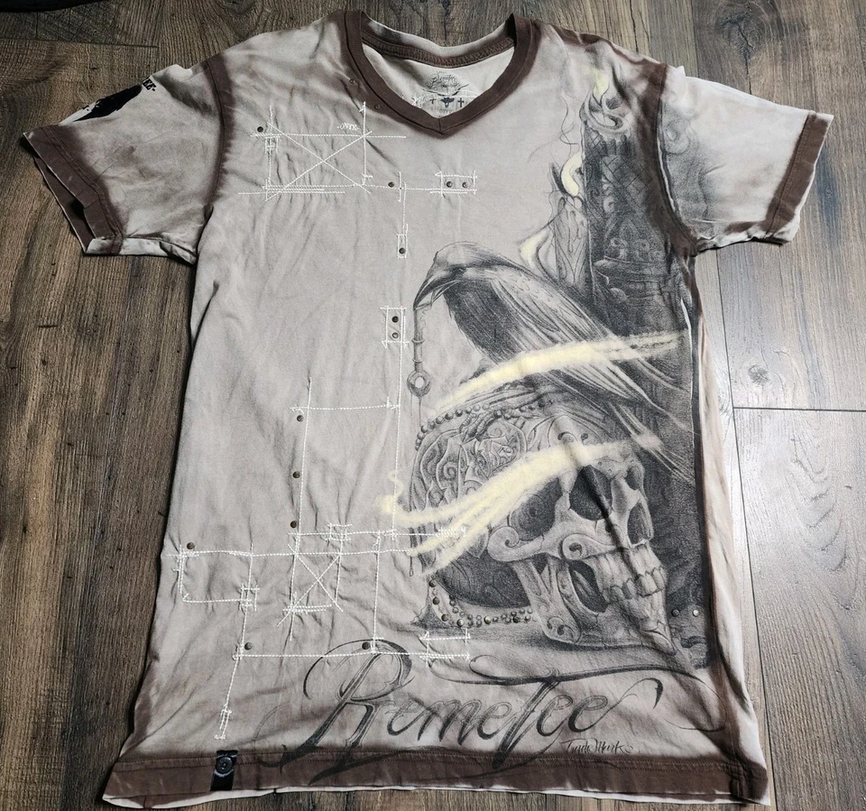 Camiseta Para Hombres L Remetees Calavera Cuervo Cruz Estampado Envejecido  Foto 1 de 4
