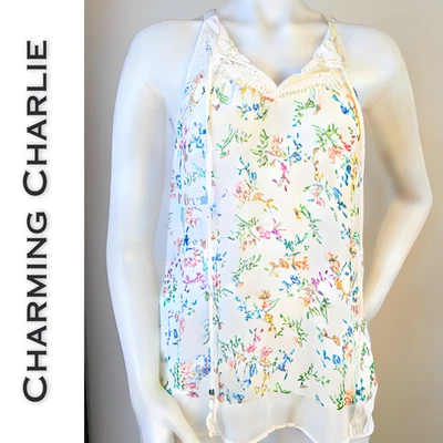 Charming Charlie Sleeveless Blouse Medium White Floral Sheer Lace V Neck Flowy - Image 1 of 4