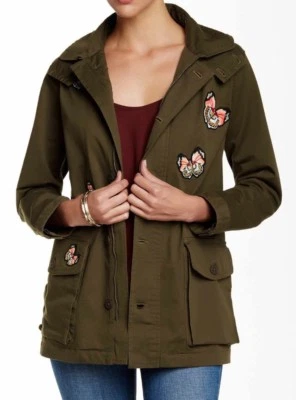 CECE by CYNTHIA STEFFE ARMY GREEN HOODED ANORAK W/ BUTTERFLY EMBROIDERY Sz 14 - Image 1 of 3