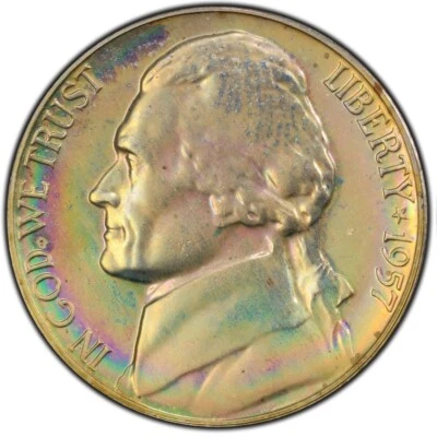 PR66 1957 5C Jefferson Proof Nickel, PCGS Trueview- Pretty Rainbow Toned - Image 1 of 4