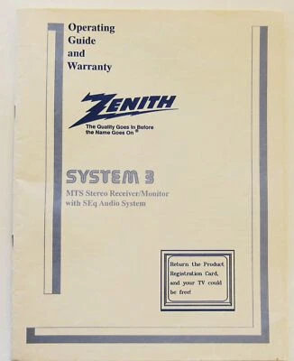 1992 Zenith System 3 MTS Stereo Receiver Monitor Audio User Operating Manual TV - Image 1 of 3