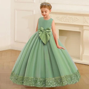 Fluffy Sequin Bridemaid Princess Girl Dress Elegant Bow Wedding Prom Party Dress - Picture 1 of 35