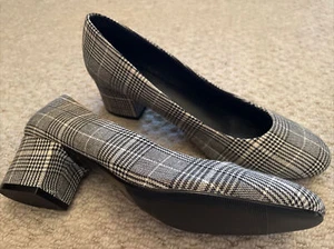 M&S Insolia 5.5 Small Block Heal Court Shoes Black & White Check Fabric Wide Fit - Picture 1 of 12