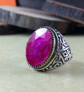 Solid 925 Sterling Silver Natural Ruby Corundum Cut Gemstone Birthday Men's Ring - Picture 1 of 12
