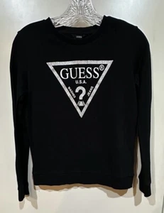 GUESS girl’s Black with Silver Glitter Graphic 100% Cotton Sweatshirt Size 14 - Picture 1 of 7
