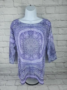 Chico's Women's Purple Geometric 3/4 Sleeve T-Shirt Size 1 Sequins Lightweight - Picture 1 of 11
