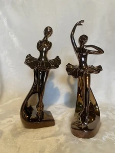 Set of 2 Dark Chrome Plated Porcelain Glam Dancer Sculpture, 4" x 11" Ballerina - Picture 1 of 10