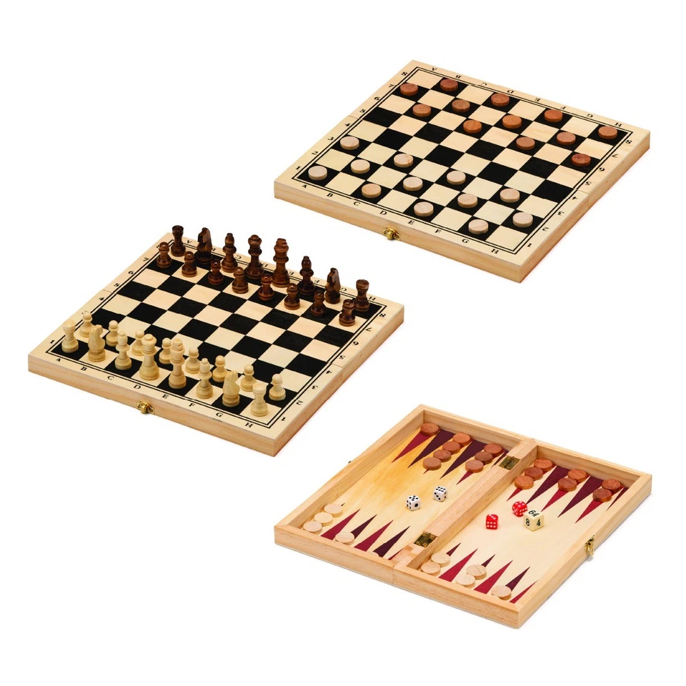 Toyrific 3 in 1 Wooden Board Game Set , Chess Draughts Backgammon Family Games - Image 1 of 4