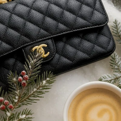 Quilted Flap Shoulder Bag with Chain Strap – Caviar Black Gold Hardware Classic - Image 1 of 4