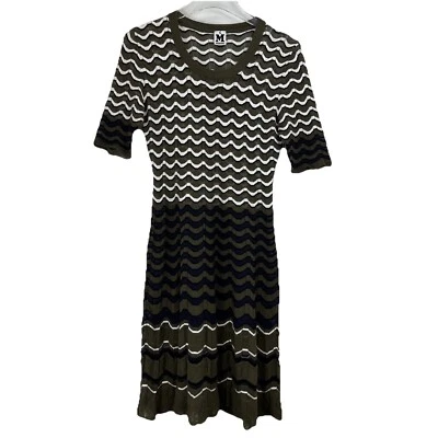 MISSONI Zig Zag Knit Dress Womens 8 Short Sleeve Olive Green Stretch Sheer - Image 1 of 4