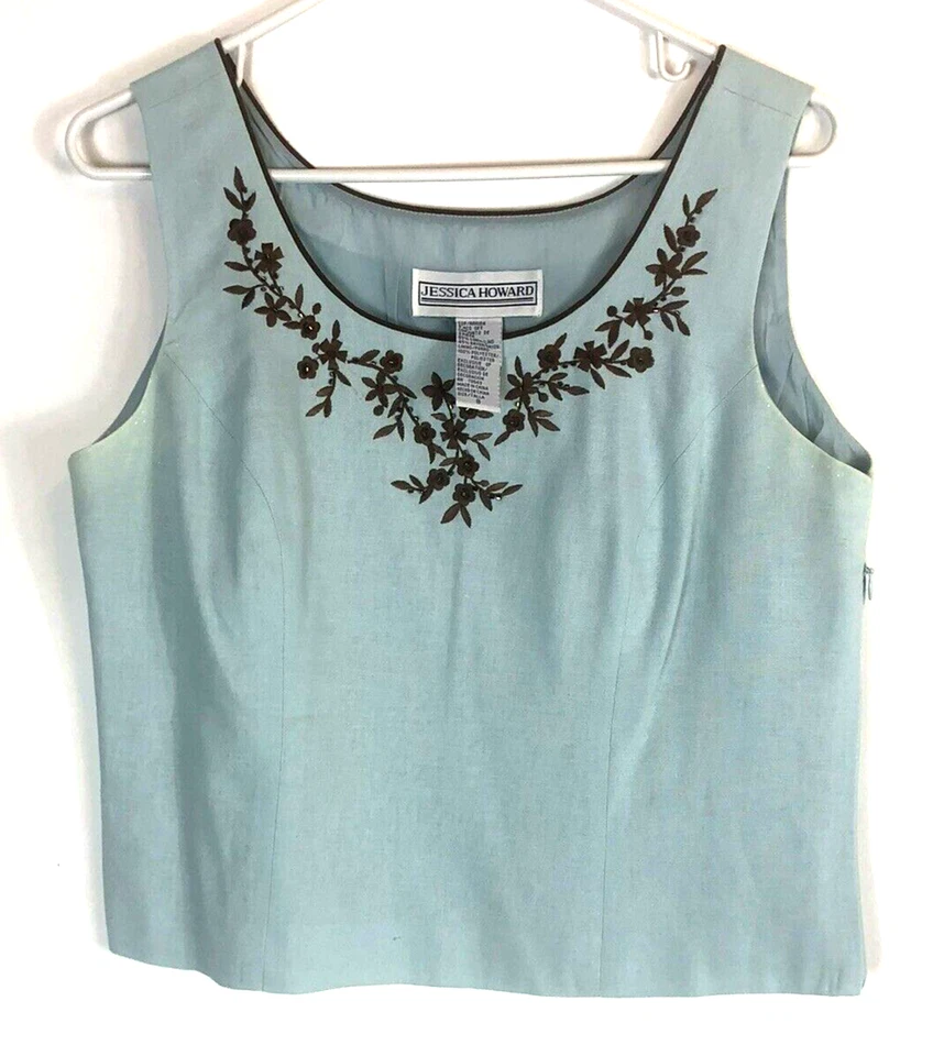 Traje de mujer Jessica Howard 3 piezas Aqua cuello redondo marrón bordado abierto talla 8 Foto 1 de 4