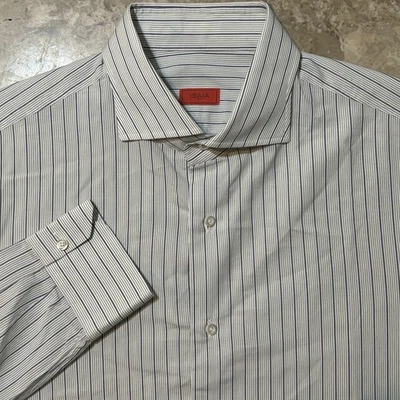 Camisa Isaia Para Hombre 17.5 44 Blanco Rayas Manga Larga Botón Algodón Italia Foto 1 de 4
