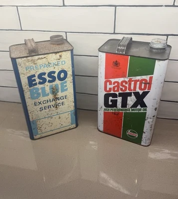 ESSO BLUE Paraffin Castrol GTX Oil Gallon Tin Cans Twin  pk Classic car man cave - Image 1 of 4
