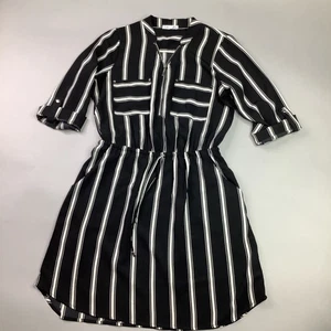 Vestido midi a rayas blanco y negro mangas enrollables cordón cintura pequeño dinero viejo - Imagen 1 de 9