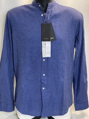 Zara Mens Button Up Shirt Large Band Collar Blue Linen Blend Long Sleeve  NWT - Image 1 of 4