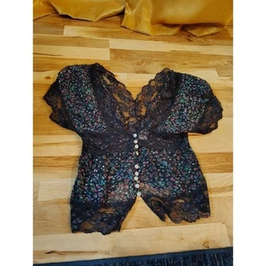 Vintage Y2K Passports Sheer Mesh Top Floral Lace Black Women's Sz Large - Picture 1 of 4
