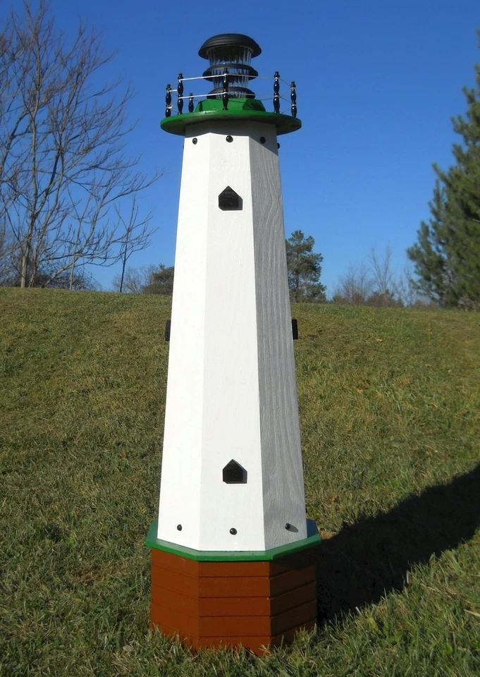 Well pump cover wooden lighthouse with solar light - 4 ft tall - green accents - Image 1 of 4