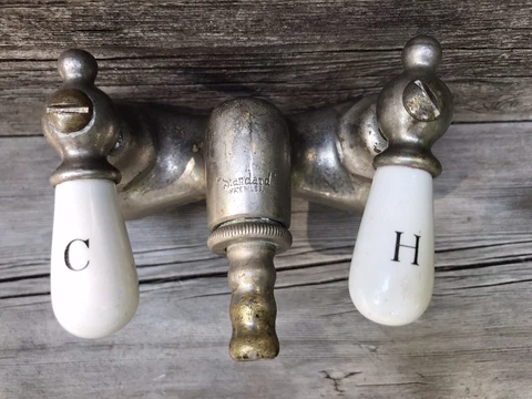Vintage ART DECO PORCELAIN FAUCET HANDLES Brass Nickel KITCHEN BATHROOM Standard Cover