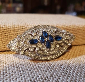 ART DECO GEORGIAN Pavé Navy Blue Clear Rhinestone Cut-Out Brooch Pin Vintage - Picture 1 of 7