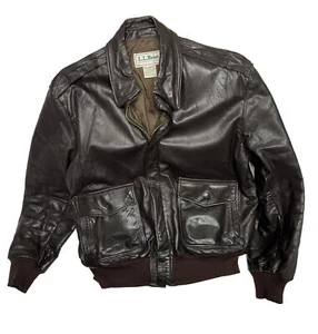 VTG LL BEAN Mens Size 40 Leather Dark Brown Bomber Jacket Talon Zip - Picture 1 of 19