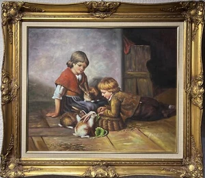 G.Wilson Vintage Oil painting on canvas, children playing with rabbit, framed - Picture 1 of 9
