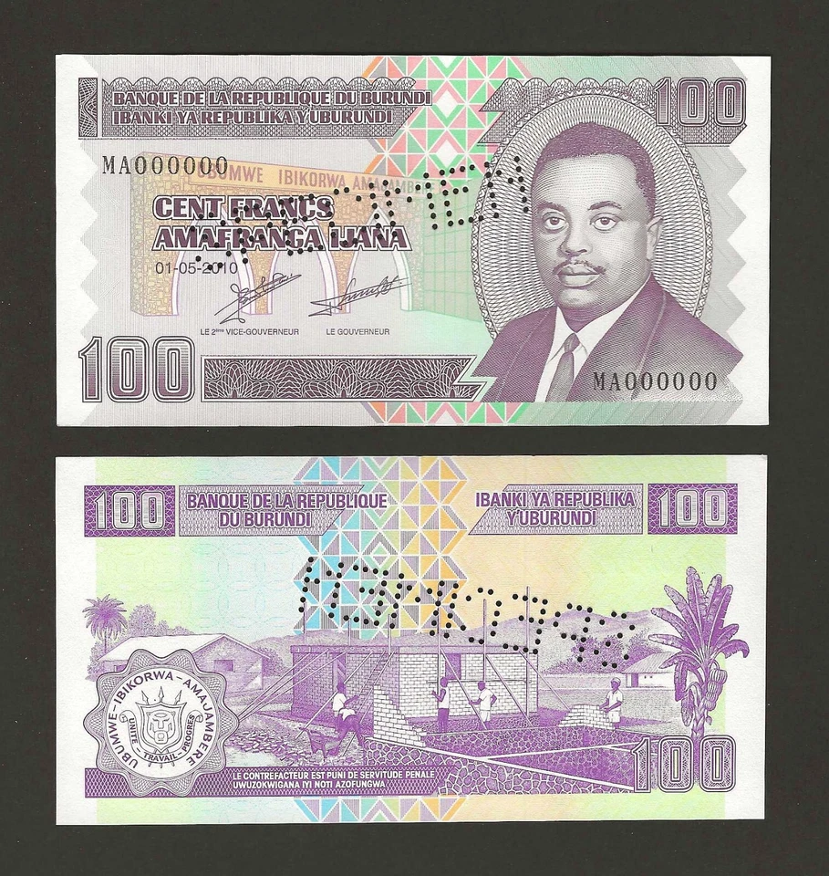 BURUNDI 100 Francs 2010, P-44as SPECIMEN, Perforated Cancelled, Original UNC. - Image 1 of 1