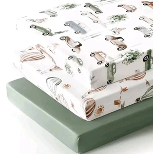Green 3 Pk Stretchy Ultra Soft Fitted Pack n Play Green Neutral Sheet Set, Cars - Picture 1 of 4