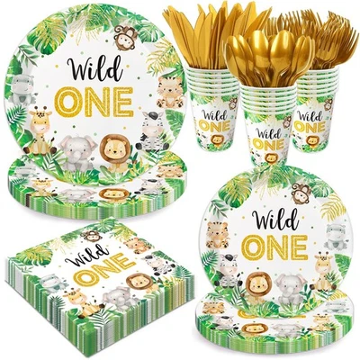 Jungle Safari Baby Shower Decorations Tableware Set Serves 24, Animals Paper Pla - Image 1 of 4