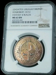 (UNDATED) URUGUAY BRONZE FONROBERT-10151 FANTASY 4 REALS NGC MS 63 BN 3846 - Picture 1 of 3