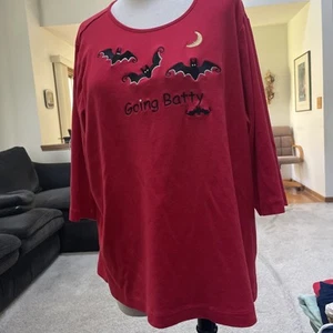 Quacker Factory Halloween Beaded And Embroidered Bats Red Shirt Size 1X - Picture 1 of 7