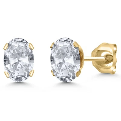 1.10 Ct Oval Shape White Topaz 18K Yellow Gold Plated Silver Stud Earrings - Image 1 of 4