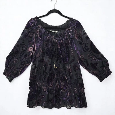 Blusa de Terciopelo Paisley Mujer Colección Nygard Negro Púrpura Caprichoso Boho Foto 1 de 4