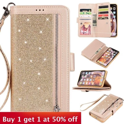 For iPhone 16 15 14 13 12 11 8 7 Pro Max SE Leather Wallet Phone Case Glittering - Image 1 of 4