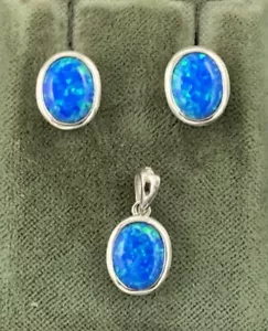 Opal Anhänger und paar Ohrstecker Opal blau synth. 925er Silber - Bild 1 von 9