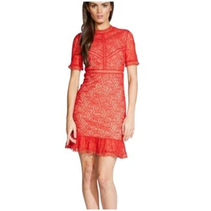 Bardot Theodore Mini Dress High Neck Fire Red Lace over Nude Shell Women's 4 XS - Picture 1 of 10