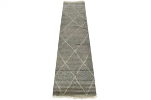 Moroccan Runner 2’7” x 10’3” Gray Wool Contemporary Geometric Hand-Knotted Rug - Picture 1 of 12