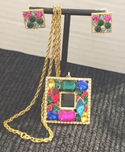 Jewelry3Pc Muilty Color Rhinestone Set Necklace & Pireced Earrings Razzle Dazzle - Picture 1 of 7
