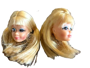 2 Barbie Vintage 1969 PJ Bambola Solo Testa Blu Eye Liner Ciglia Radicate Capelli Biondi - Foto 1 di 6