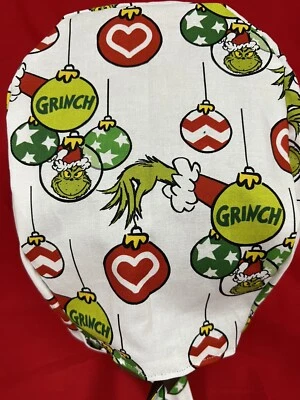 Men/Women Surgical Scrub Cap Lined Holiday Christmas Balls Ugly Green Guy Cotton - Image 1 of 3